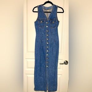 BONGO Vintage 90s Button-Up Denim Maxi Dress / Retro 90s Sleeveless Front Button